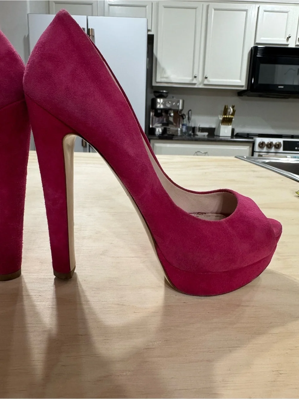 Miu Miu Hot Pink Suede Peep-Toe Platform Pumps